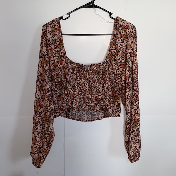 Wild Fable floral boho smocked puff sleeve cropped top size XL brown - Picture 6 of 11